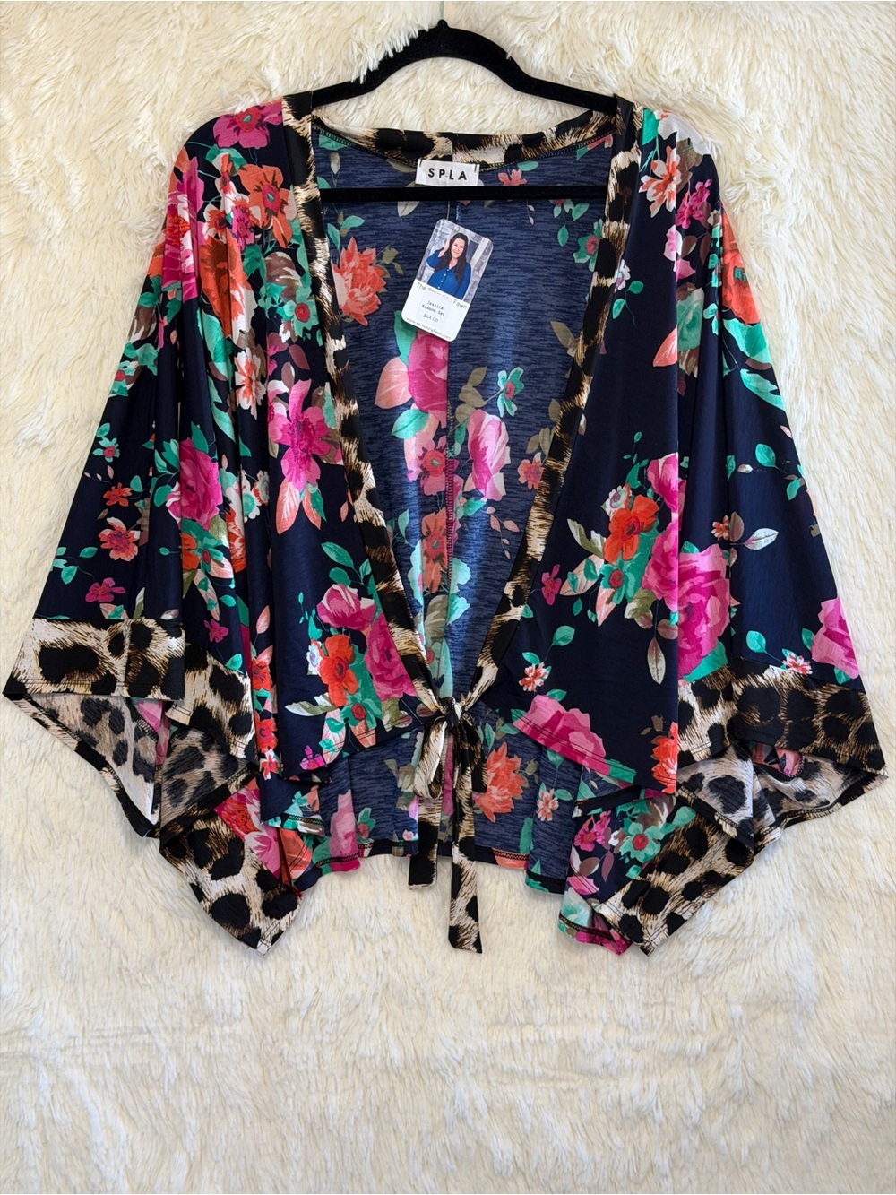 SPLA Womens Boho Floral Leopard Print Kimono Top Size L Navy Multi Resortwear